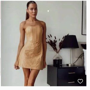 ZARA Camel Faux Leather Bustier Boning Corset Strapless Mini Dress $89.90